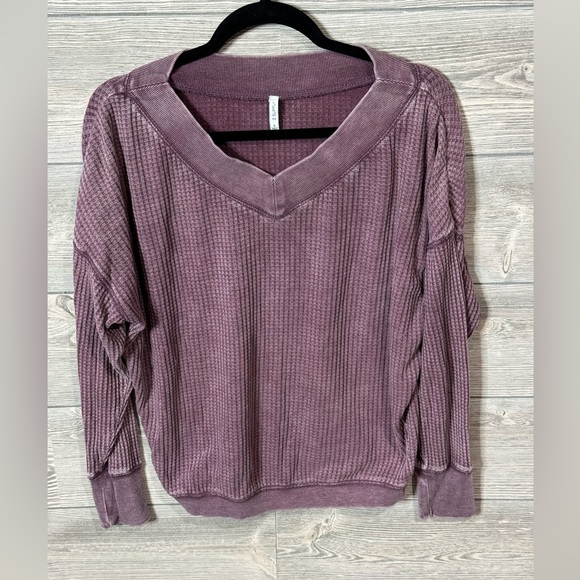 Z Supply Mauve V-Neck Waffle Knit Long Sleeve Top Size Small Relaxed Fit - Picture 5 of 8